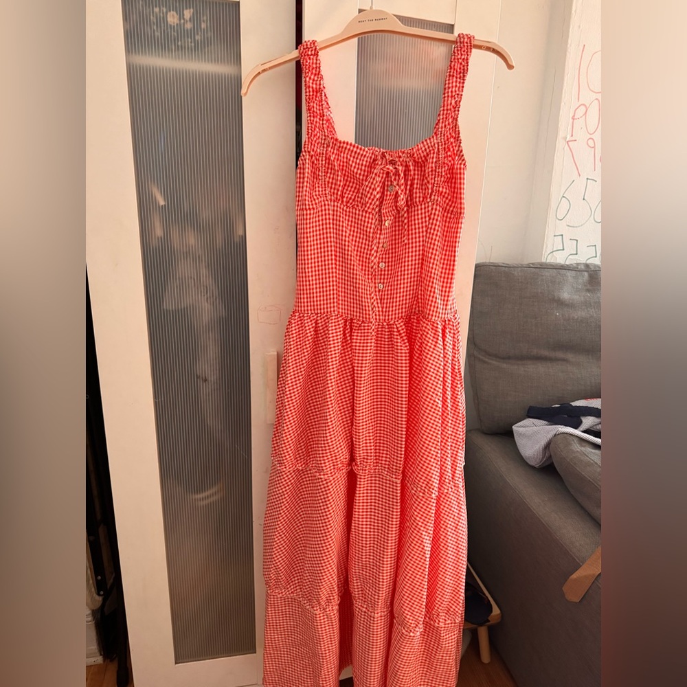 Frankie's Bikinis Pink and White Smocked Tiered Maxi Dress